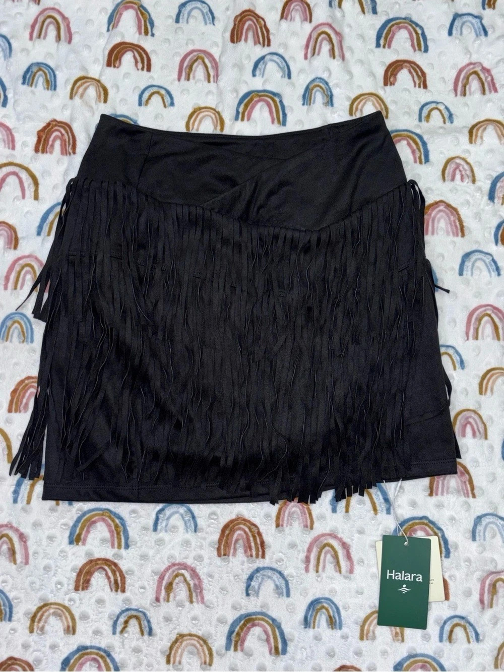 Halara Crossover High Waisted 2-in-1 Fringe Hem Bodycon Mini Suede Party Skirt S